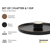 Large Round Ceramic Serving Platter, Black - 1 Platter + 1 Dip Bowl, 75ml Modern Series | Big Serving Plate Set With Matte Finish - Platters Serving Set | Microwave Safe & Dishwasher Safe